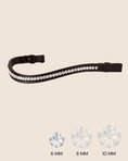 Load image into Gallery viewer, Brown leather browband with crystals on a beige background, showing crystal sizes.