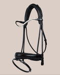 Load image into Gallery viewer, Black leather bridle with decorative elements on a beige background