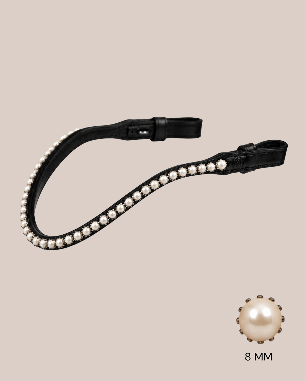 A black leather strap accessory embellished with a row of white faux pearls, displayed on a solid beige background with an inset image of an 8 mm pearl at the bottom right.