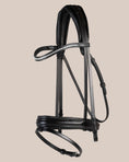 Load image into Gallery viewer, Black horse bridle with decorative elements on a beige background
