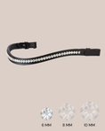 Load image into Gallery viewer, Black leather browband with crystal stones on a beige background, showing size options.
