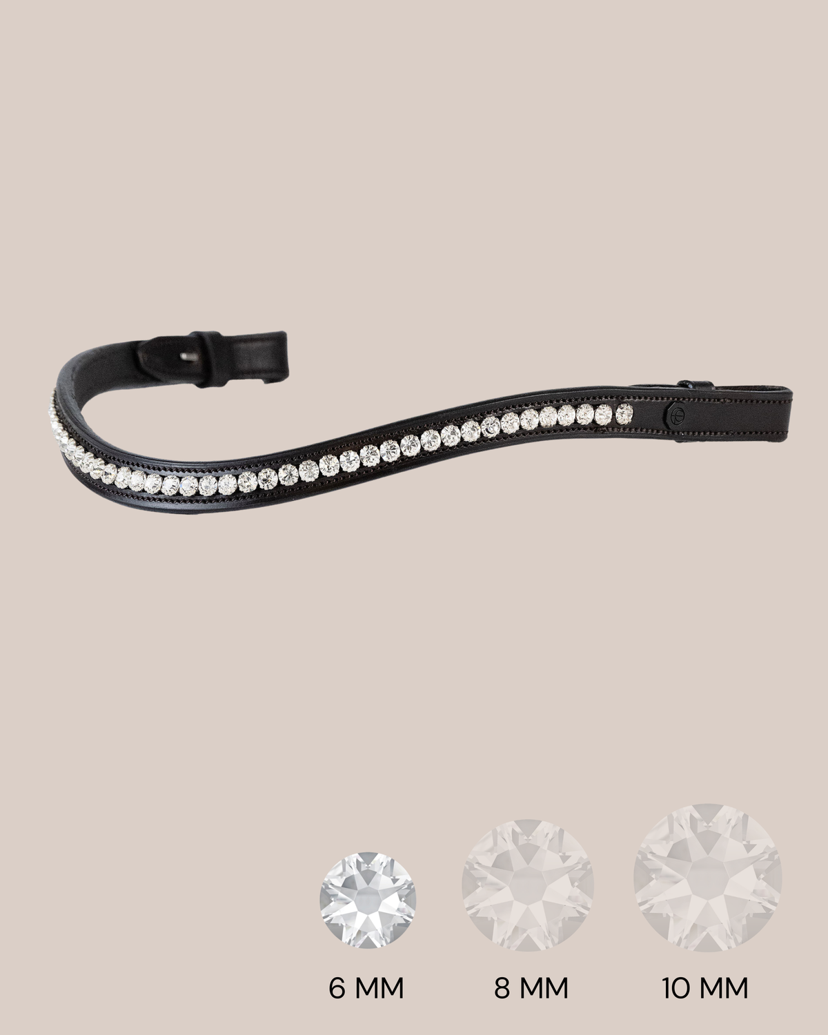 Black leather browband with crystal stones on a beige background, showing size options.
