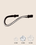 Load image into Gallery viewer, Black headband with crystal embellishments on a beige background, featuring three crystal sizes.
