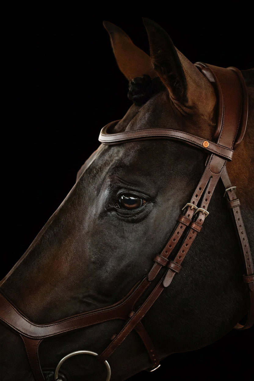 Close-up of a horse's head wearing a bridle against a black background