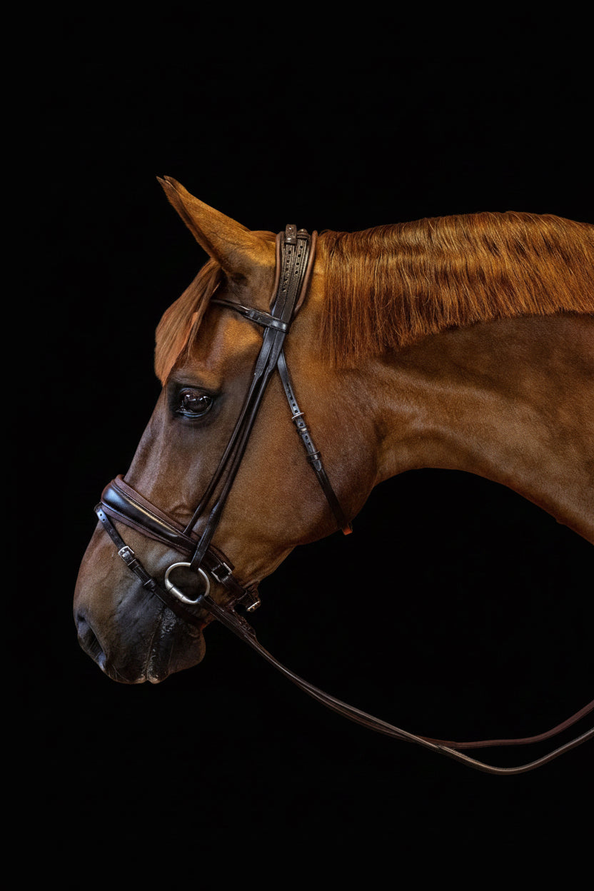 Brown horse wearing a bridle on a black background