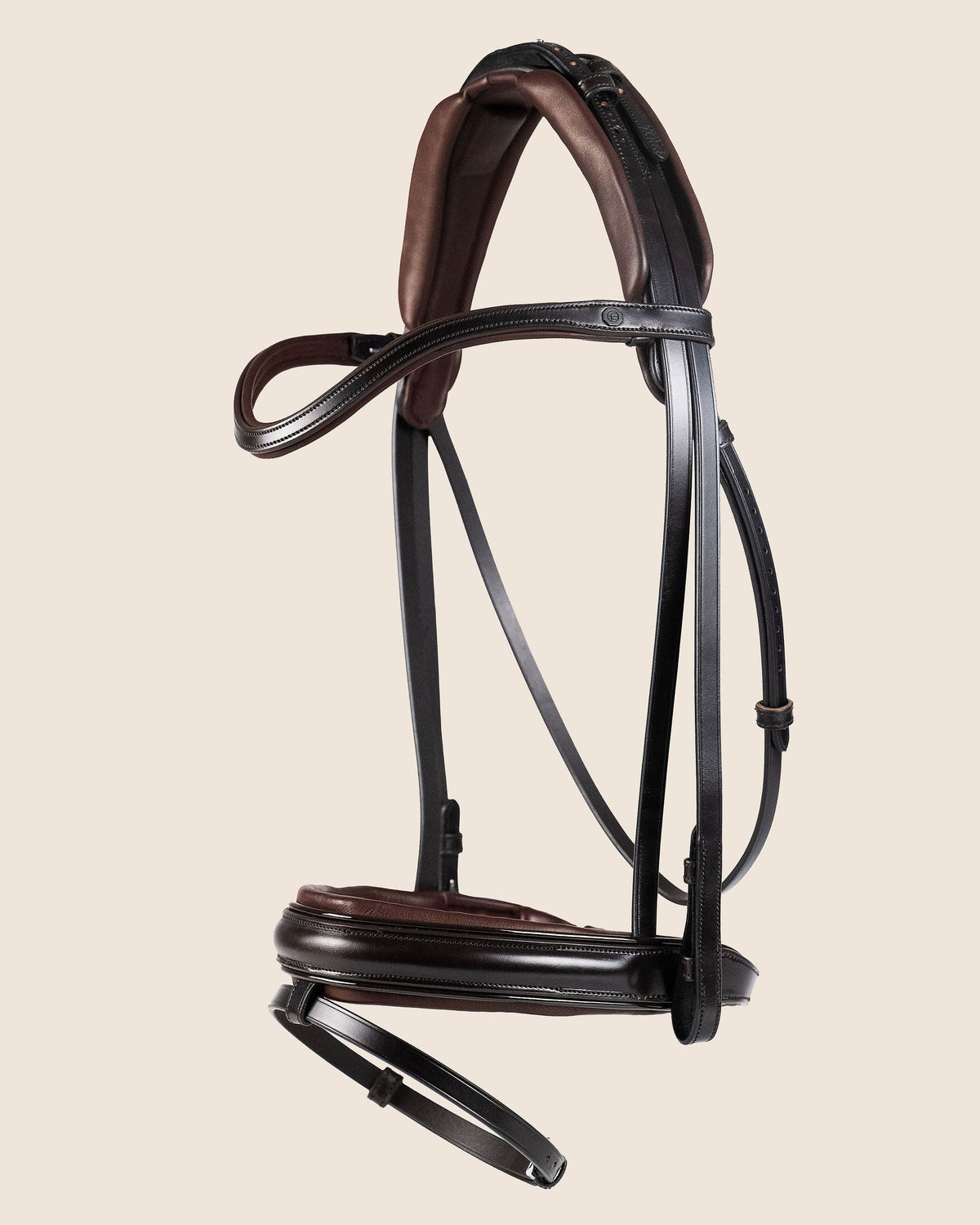 Brown and black bridle on a beige background