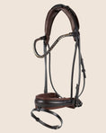 Load image into Gallery viewer, Brown leather horse bridle with black reins on a beige background
