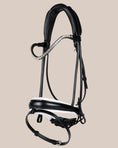 Load image into Gallery viewer, Black horse bridle with decorative elements on a beige background
