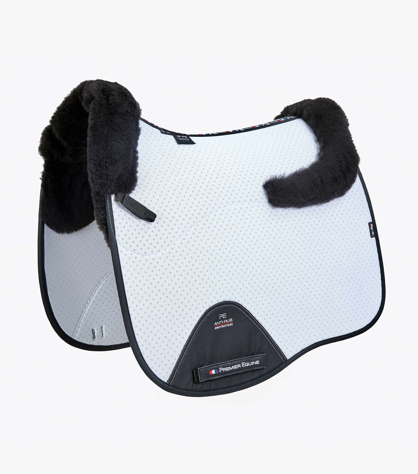 Description:Close Contact Airtechnology Shockproof Wool European Saddle Pad - Dressage Square_Colour:White/Black Wool_Position:1