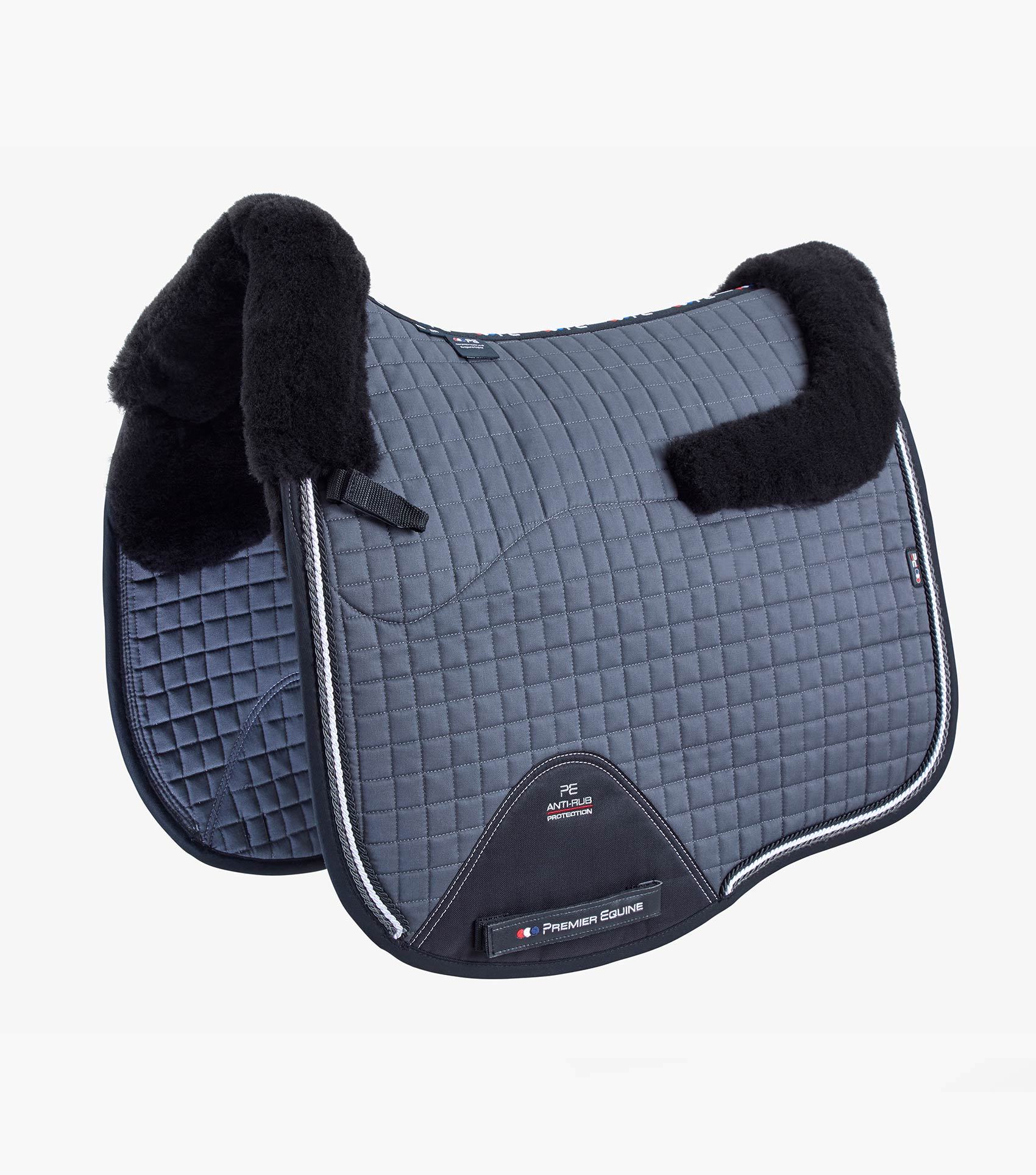 Description:Close Contact Merino Wool European Saddle Pad - Dressage Square_Colour:Grey/Black Wool_Position:1