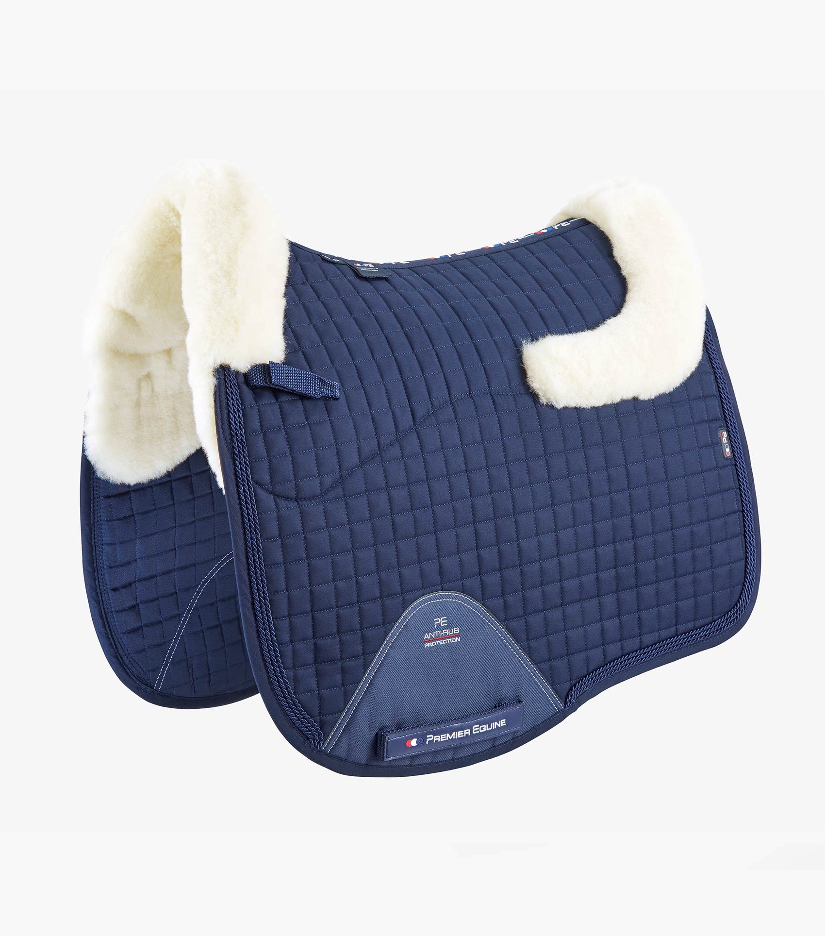 Description:Close Contact Merino Wool European Saddle Pad - Dressage Square_Colour:Navy/Natural Wool_Position:1
