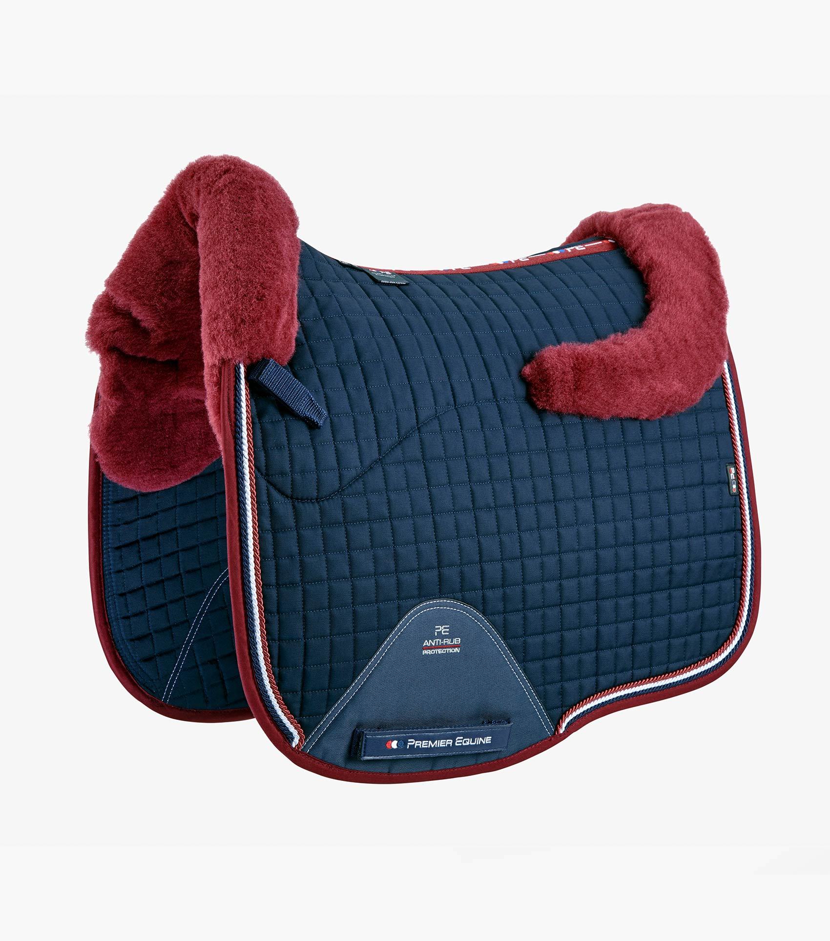 Description:Close Contact Merino Wool European Saddle Pad - Dressage Square_Colour:Navy/Burgundy Wool_Position:1