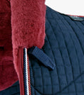 Load image into Gallery viewer, Description:Close Contact Merino Wool European Saddle Pad - Dressage Square_Colour:Navy/Burgundy Wool_Position:4
