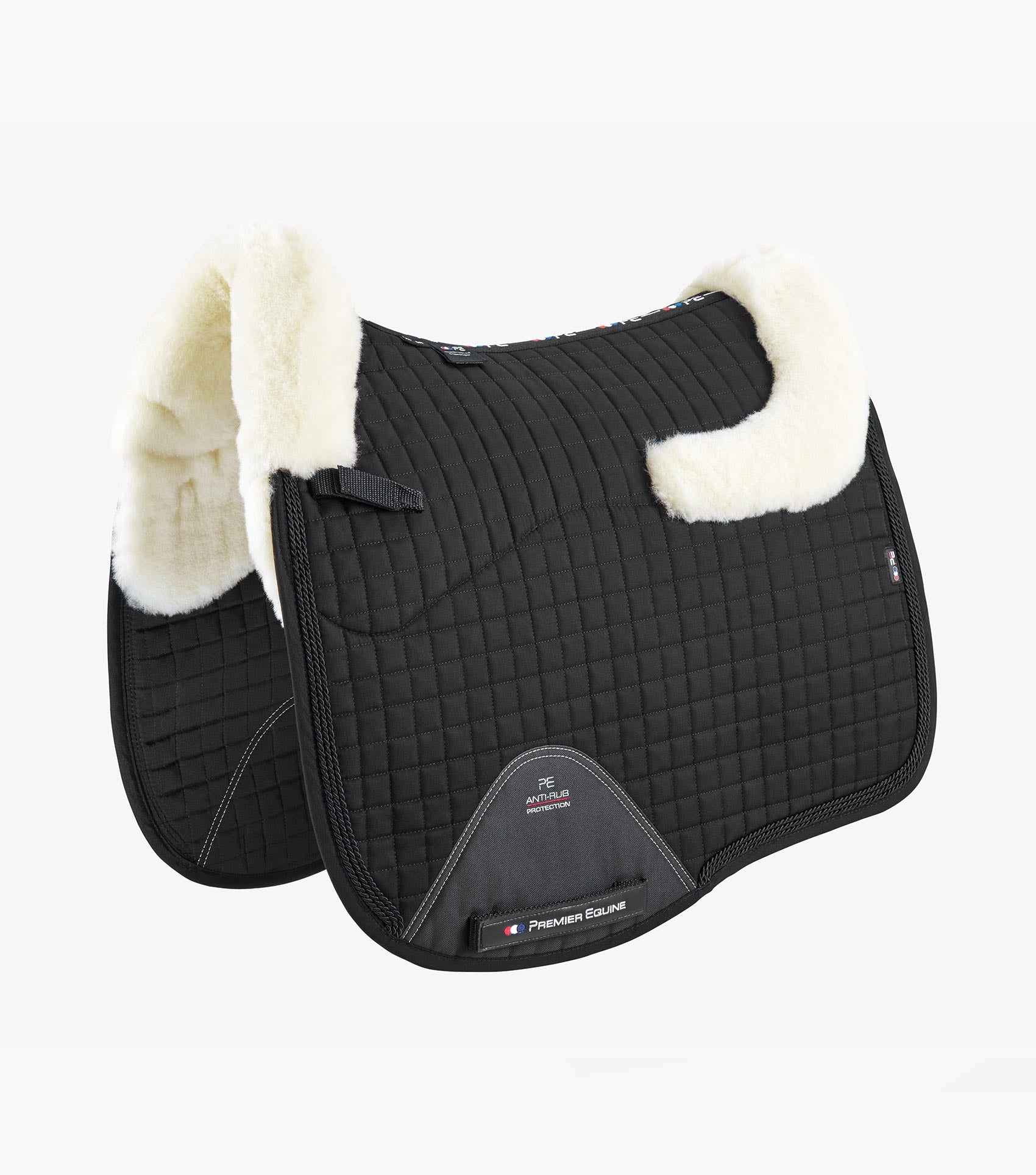 Description:Close Contact Merino Wool European Saddle Pad - Dressage Square_Colour:Black/Natural Wool_Position:1