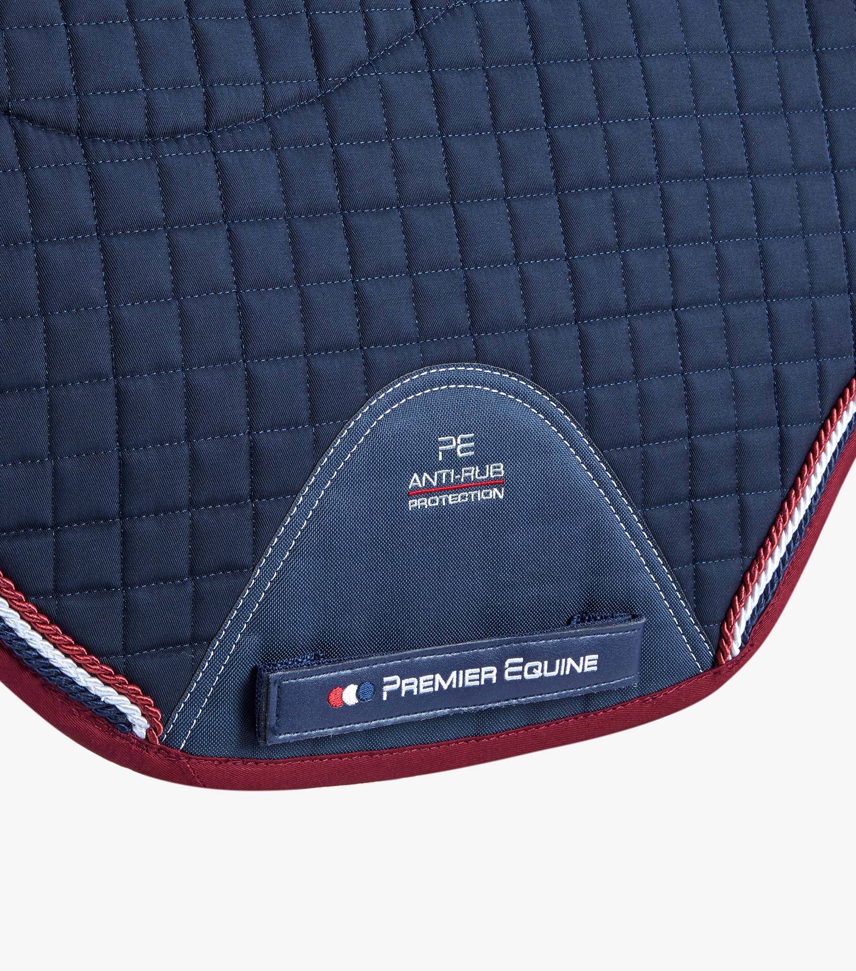 Description:Close Contact Merino Wool European Saddle Pad - GP/Jump Square_Colour:Navy/Burgundy Wool_Position:3